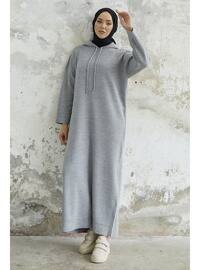 Grey - Hooded collar - Knit Dresses