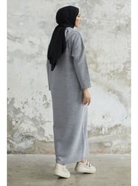 Grey - Hooded collar - Knit Dresses