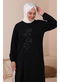 Women's Plus Size Top And Bottom Suit Piping And Stone Embroidery Black