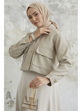 Beige - Fully Lined - Cuban Collar - Jacket - InStyle