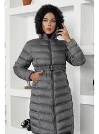 Faux Fur Hooded Puffer Coat Gray 9467