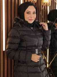 Faux Fur Hooded Puffer Coat Black 9467