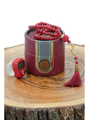 Burgundy - Mevlüt Gift Set with Cylinder Box, Pearl Prayer Beads, Stones and Chanting Machine Claret Red - İhvanonline