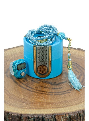 Blue - Mevlüt Gift Set with Cylinder Box, Pearl Prayer Beads, Stones and Zikirmatik, Blue - İhvanonline