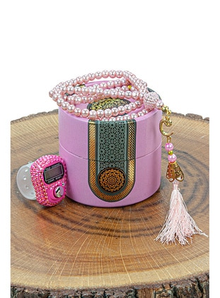 Pink - Mevlüt Gift Set with Cylinder Box, Pearl Prayer Beads, Stones and Zikirmatik, Pink - İhvanonline