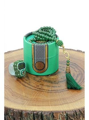 Green - Mevlüt Gift Set with Cylinder Box, Pearl Prayer Beads, Stones and Zikirmatik, Green - İhvanonline