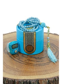 Blue - Mevlüt Gift Set with Cylinder Box, Pearl Prayer Beads, Stones and Zikirmatik, Blue - online