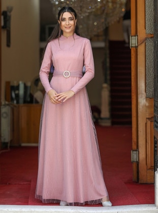Powder Pink - Fully Lined - Crew neck - Modest Evening Dress - Semra Aydın