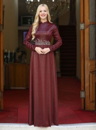 Burgundy - Silvery - Fully Lined - Crew neck - Modest Evening Dress - Esmaca