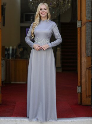 Silver color - Silvery - Fully Lined - Crew neck - Modest Evening Dress - Esmaca