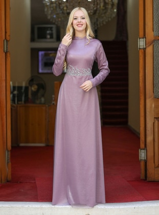 Lilac - Silvery - Fully Lined - Crew neck - Modest Evening Dress - Esmaca