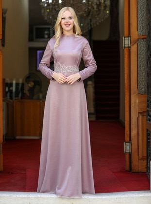 Powder Pink - Silvery - Fully Lined - Crew neck - Modest Evening Dress - Esmaca