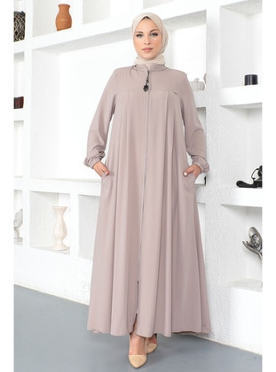 Mink - Crew neck - Unlined - Plus Size Abaya - Tesettür Dünyası