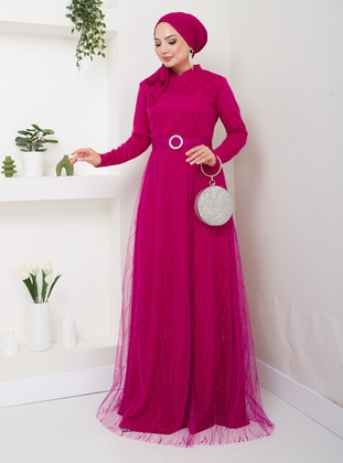 Fuchsia - Fully Lined - Crew neck - Modest Evening Dress - Semra Aydın