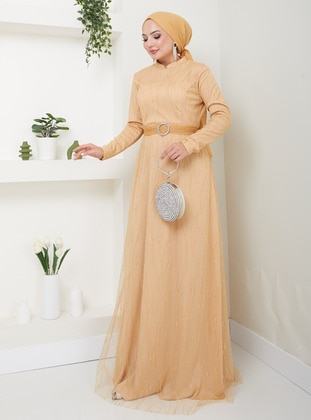 Mustard - Fully Lined - Crew neck - Modest Evening Dress - Semra Aydın