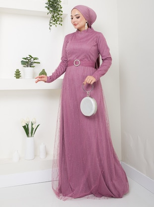 Dark Rose - Fully Lined - Crew neck - Modest Evening Dress - Semra Aydın