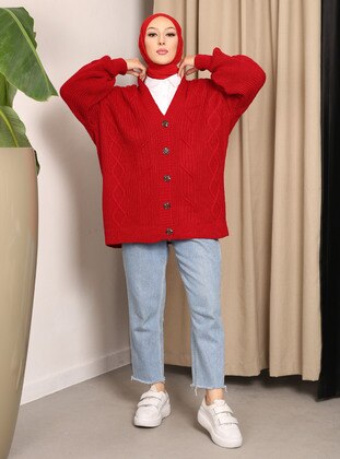 Red - Knit Cardigan - Vav