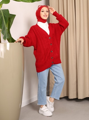 Red - Knit Cardigan - Vav