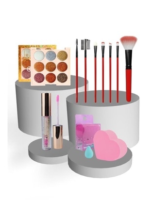 4Pcs Cosmetic Makeup Set 9Pcs Yellow Glitter Eye Shadow + 7Pcs Red Color Brush Set with Bag + Magic Lip Moisturizer + Lovers Sponge Set Pink Color