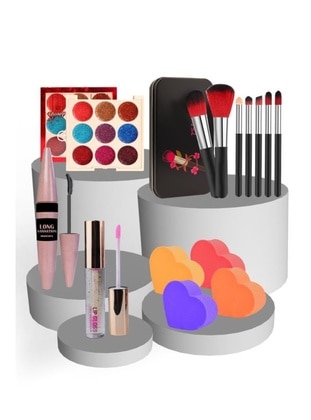 5-Piece Makeup Set 9-Pcs Glitter Red Content Eye Shadow + 7-Pcs Brush Set with Metal Box + Long Sansation Mascara + Magic Lip Moisturizer + 4-Pcs Heart Shaped Colorful Makeup Sponge