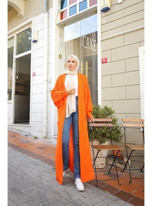 Orange - Cardigan - Burcu Fashion