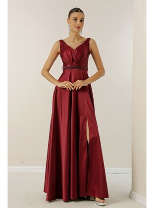 Fully Lined - Burgundy - V neck Collar - Evening Dresses - By Saygı