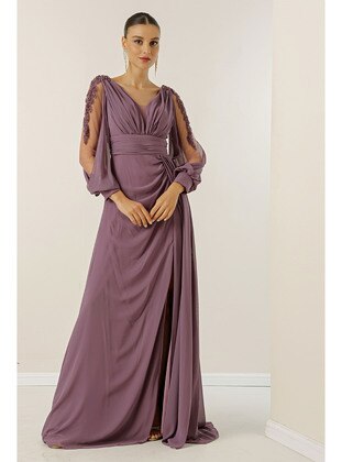 Fully Lined - Dark Lilac - V neck Collar - Evening Dresses - By Saygı