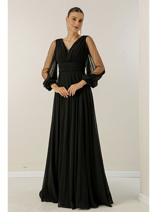 Fully Lined - Black - V neck Collar - Evening Dresses - By Saygı