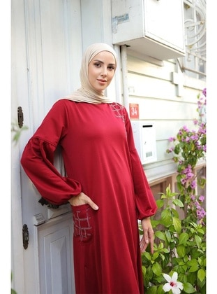 أحمر برغندي - 300gr - فستان - Burcu Fashion