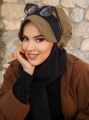 خردلي - أسود - حجابات جاهزة - AİŞE TESETTÜR