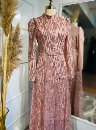 Powder Pink - Modest Evening Dress - Ahunisa