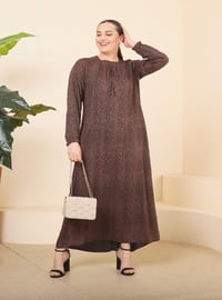 Brown - Floral - Unlined - Plus Size Dress