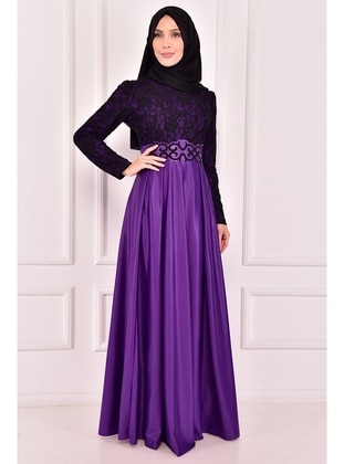 Lace Detail Evening Dress Purple Asm2133