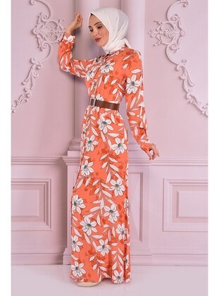 Orange - Modest Dress - Moda Merve
