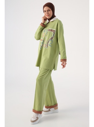Green - Printed - Crew neck - Pyjama Set - ALLDAY