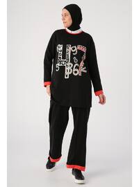 Black - Printed - Crew neck - Pyjama Set