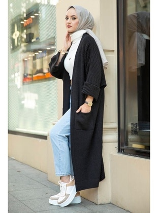 Eftalya Double Pocket Long Sweater Hijab Cardigan 329 Black