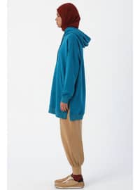 Petrol Blue Oversize Hooded Sweat Tunic With Side Slits