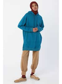 Petrol Blue Oversize Hooded Sweat Tunic With Side Slits