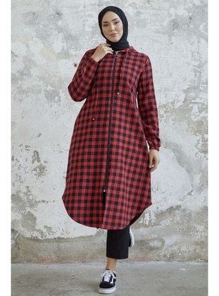 Red - Plaid - Unlined - Hooded collar - Topcoat - InStyle