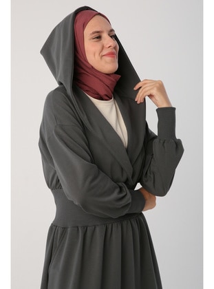 Anthracite Hooded Dress With Ribbed Waist