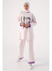 Pink - Printed - Crew neck - Pyjama Set