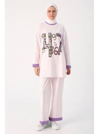 Pink - Printed - Crew neck - Pyjama Set