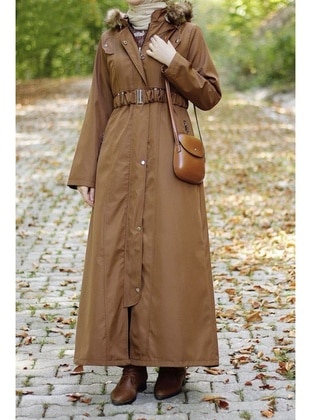 Tan - Hooded collar - Coat - InStyle