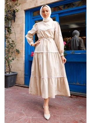 Stone Color - Button Collar - Unlined - Modest Dress - InStyle