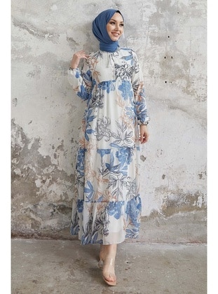 Blue - Floral - Button Collar - Modest Dress - InStyle