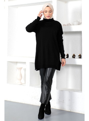 Black - Crew neck - Unlined - Knit Tunics - Tesettür Dünyası