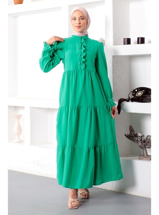 Green - Crew neck - Unlined - Modest Dress - Tesettür Dünyası