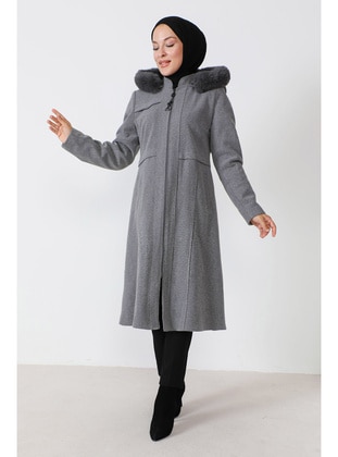 Grey - Fully Lined - Plus Size Coat - Tesettür Dünyası