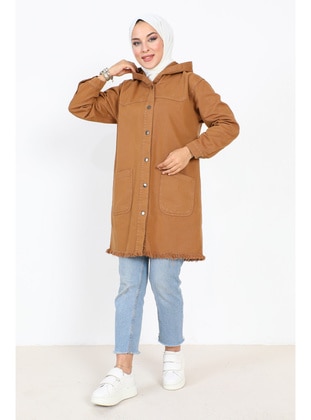 Tan - Unlined - Crew neck - Topcoat - Tesettür Dünyası